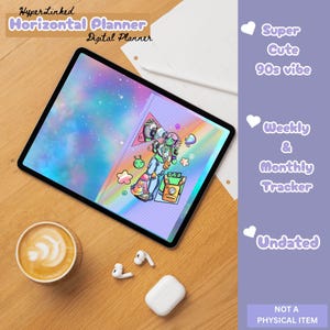 Puede incluir: Un planificador digital en una tableta con un diseño de galaxia colorido. El planificador presenta una ilustración de un personaje alienígena con un estilo de los años 90. El texto en la imagen incluye "HyperLinked Horizontal Planner Digital Planner", "Super Cute 90s vibe", "Weekly & Monthly Tracker" y "Undated".