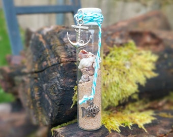 Coastal Serenity Glass Bottle w Seashells, Sand, and Tassel Charms ~ Authentic NJ Shore Surf Tumbled Beachcombing Finds - Handmade Gift Idea