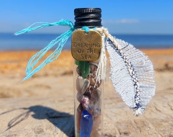 Sea Treasures Bottle ~ Glass Bottle w Feather, Quote Charm Filled w Authentic NJ Shore Beachcombing Finds ~ Surf Tumbled - Beachy Gift Idea