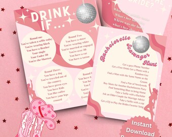 Disco Bachelorette Party Games Templates, Bachelorette Scavenger Hunt, Drink if, Do You Know the Bride, Pink Disco Cowgirl Bachelorette