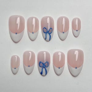 White French Tip Press On Nails with Ribbon, Cute Girly Ribbon Nails, Chic Simple French Tip Nails, Feminine Handmade Press On Nails