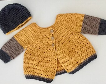 Baby Cardigan & Beanie Set Size 12-24 Months, Mustard and Brown Baby Girl Crochet Sweater, Baby Knits, Baby Shower Gifts, Ready to Ship