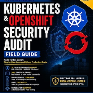 Puede incluir: Portada de libro titulada "Kubernetes & OpenShift Security Audit Field Guide". Muestra un logotipo azul y blanco, una flecha circular roja y un escudo con un candado. El texto incluye "Version 2.0 Updated."
