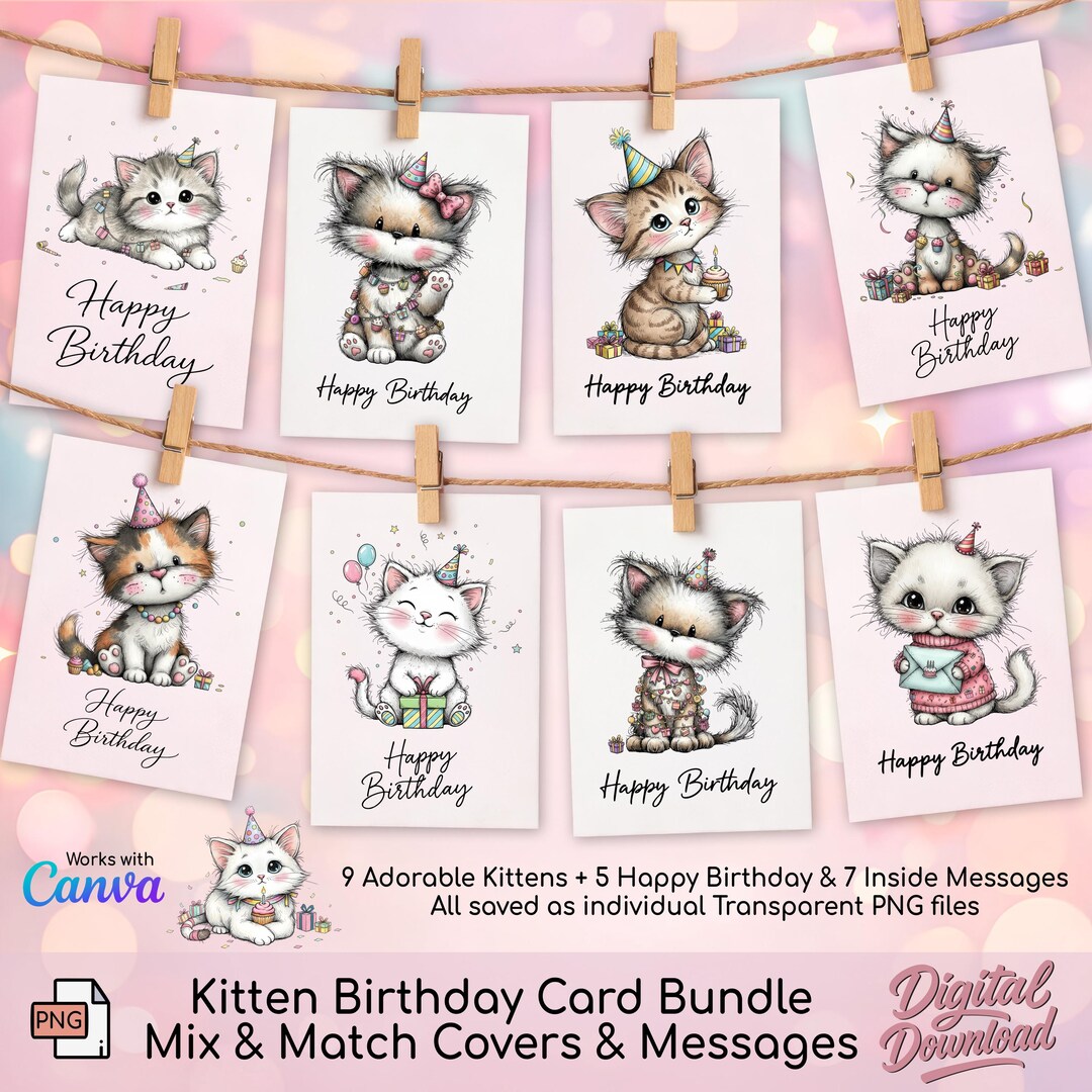 Kitten Birthday Card Bundle: Digital Download PNG | Printable Mix ...