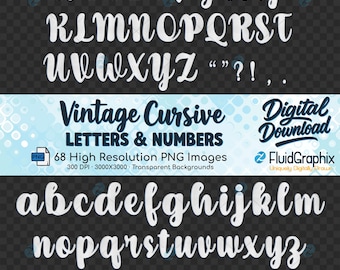 Vintage Cursive Alphabet PNG Letters & Numbers: Retro Script Font, White Brush Letter PNGs