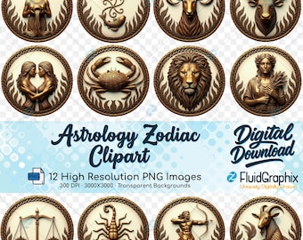 Puede incluir: Una colección de doce imágenes prediseñadas circulares del zodíaco. Cada imagen presenta un relieve detallado en color bronce de un símbolo del zodíaco, sobre un fondo crema. También está presente el texto "Astrology Zodiac Clipart".