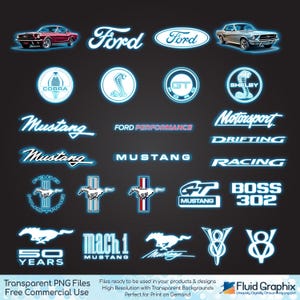 Mustang PNG Clipart Bundle | Neon Glow Ford Mustang Logos & Classic Cars | Shelby, GT, Cobra, Mach 1 | Transparent Background | 25 Files