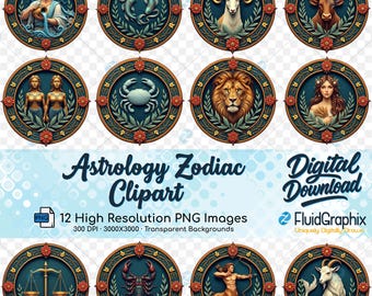 Puede incluir: Una colección de 12 imágenes prediseñadas del zodíaco astrológico. Cada diseño circular presenta un símbolo del zodíaco, rodeado por un borde decorativo con detalles florales. También está presente el texto "Astrology Zodiac Clipart".