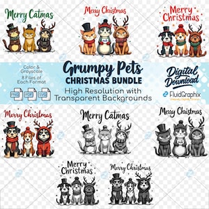 May include: A digital download bundle featuring "Grumpy Pets" Christmas designs. The image showcases various illustrations of cats and dogs dressed in festive attire, with text overlays like "Merry Christmas" and "Merry Catmas". Includes PNG, PDF, and SVG formats.