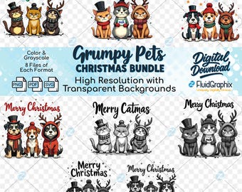 Grumpy Pets Christmas SVG PNG PDF Bundle: Funny Cats and Dogs Holiday Clipart