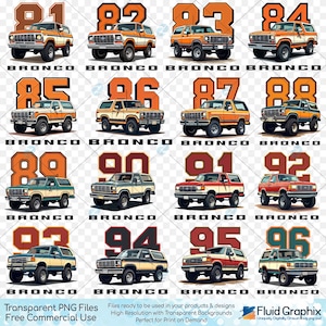 May include: A grid of 16 images of vintage Ford Broncos in various colors, each with a different number from 81 to 96. The word "BRONCO" is below each image. The images are designed for print-on-demand products.