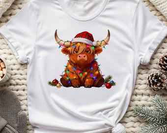 Highland Cow Christmas Shirt: Plaid Santa Hat, Holiday Lights Tee