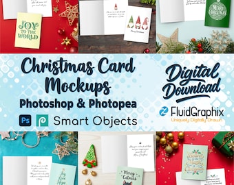 Christmas Cards Mockup Bundle: Photoshop & Photopea Smart Object Templates, Holiday Greeting Card Scene
