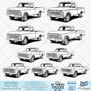 Può includere: Illustrazioni in bianco e nero di camion Ford F-150 dal 1961 al 1970. L'immagine presenta diverse viste del classico pick-up. Il testo sull'immagine include "SVG & PNG Files • Free Commercial Use" e "Ford F-150 Trucks 1961-1970".