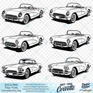 May include: Black and white line art illustrations of classic 1953-1959 Corvette convertibles and a coupe. The images are in a vector style, suitable for print-on-demand products. The text includes "SVG & PNG Files • Free Commercial Use" and "1953-1959 Corvette".