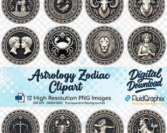 Puede incluir: Una colección de doce imágenes prediseñadas de signos del zodiaco astrológicos en blanco y negro. Cada diseño circular presenta un símbolo del zodiaco diferente, como un carnero, un cangrejo o una balanza, con bordes decorativos. También está presente el texto "Astrology Zodiac Clipart".