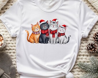 Christmas Cats Shirt: Holiday Tee with Santa Hats and Plaid Scarves, Gildan Cotton Softstyle