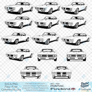1967 - 1969 Pontiac Firebird SVG PNG Art, Pontiac car, Muscle Car, Trans Am, Retro T-shirt designs, Print on Demand, 17 designs
