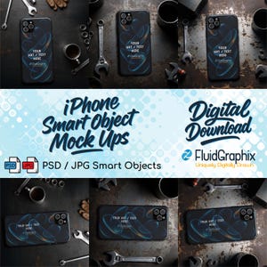 Könnte beinhalten: Ein iPhone-Mockup mit einer dunkelblauen Hülle mit einem Wirbeldesign und dem Text "YOUR ART / TEXT HERE". Das Bild enthält Werkzeuge und den Text "iPhone Smart Object Mock Ups" und "Digital Download".