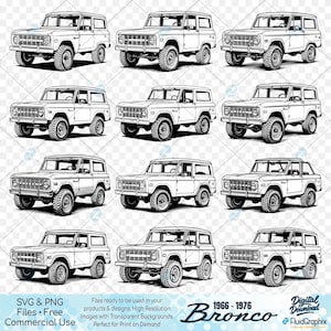 Puede incluir: Una colección de ilustraciones en blanco y negro de un Ford Bronco vintage de 1966-1976. Las imágenes están en un estilo de línea, mostrando el diseño clásico del vehículo. Se incluye el texto "Bronco 1966-1976".