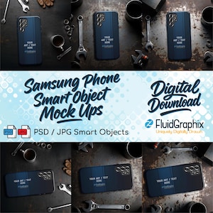 Könnte beinhalten: Ein Produkt-Mockup mit mehreren dunkelblauen Samsung-Handyhüllen mit dem Text "YOUR ART / TEXT HERE". Das Bild enthält Werkzeuge und den Text "Samsung Phone Smart Object Mock Ups" und "Digital Download".