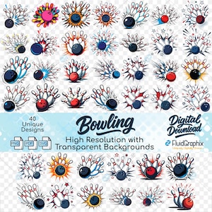 May include: A collection of 40 unique bowling designs in various styles. Each design features a bowling ball and pins, with starburst and explosion effects. The text "Bowling" and "Digital Download" are also included.