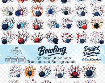 Bowling Clipart Bundle: 40 Strike & Pin Designs, PNG SVG PDF Digital Download