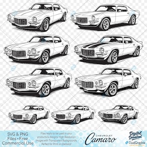 May include: Black and white line art illustrations of classic Chevrolet Camaro cars. The image includes various angles and designs of the vintage vehicle. Text at the bottom reads "Chevrolet Camaro" and "SVG & PNG Files • Free Commercial Use".