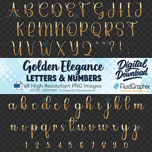 May include: A digital download featuring a complete golden alphabet, including uppercase and lowercase letters, numbers, and symbols. The elegant, cursive font is displayed on a transparent background. The image includes the text "Golden Elegance LETTERS & NUMBERS".