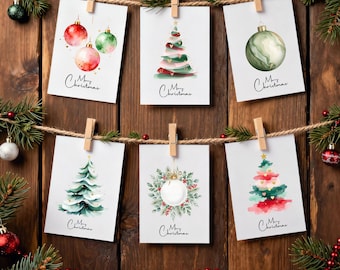 Printable Watercolor Christmas Card Designs: Merry Christmas Clipart & Quotes PNG PDF, Holiday Greeting Cards