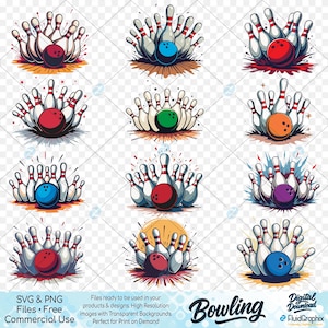 May include: A collection of colorful bowling-themed graphics. Each design features a bowling ball and pins in various color combinations, including red, blue, green, and purple. The designs are set against a transparent background, with the word "Bowling" at the bottom.