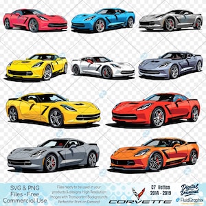 May include: A collection of nine colorful C7 Corvette sports cars in various shades, including red, blue, yellow, white, gray, and orange. The image includes the text "SVG & PNG Files • Free Commercial Use" and "C7 Vettes 2014-2019".