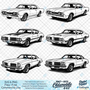 以下が含まれることがあります： 1967年から1975年のクラシックなOldsmobile 442の白黒線画イラスト。ヴィンテージカーの様々な視点からの6つの画像が含まれています。下部のテキストには「SVG & PNG Files. Free Commercial Use」と「1967-1975 Oldsmobile 442」と書かれています。