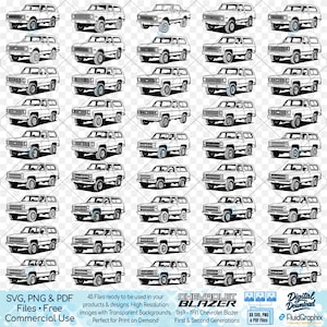 May include: A collection of black and white illustrations of Chevrolet Blazer SUVs from 1969-1991. The image includes various angles and styles of the vehicle. Text includes "SVG, PNG & PDF Files • Free Commercial Use" and "CHEVROLET BLAZER 1969-1991 Chevrolet Blazer First & Second Generations."