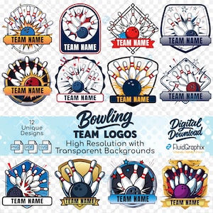 May include: A set of 12 bowling team logos, each with a unique design featuring bowling pins and a ball. The logos are in various shapes and colours, with space for a team name. Text reads "Bowling TEAM LOGOS" and "High Resolution".