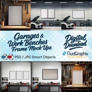 Può includere: Un mockup scaricabile digitalmente con varie scene di garage e banchi da lavoro con cornici vuote. L'immagine include il testo "Garages & Work Benches Frame Mock Ups" e "Digital Download". I mockup sono per oggetti smart PSD e JPG.