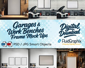 Garage Workbench Frame Mockup Bundle: PSD Smart Objects + JPG – Industrial Wall & Desk Scenes