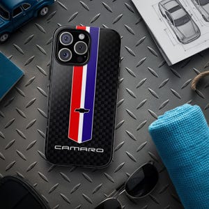 Camaro iPhone Case, Red White Blue Stripe, Carbon Fiber Chevy Cover, Muscle Car Phone Case, Gift for Car Enthusiasts