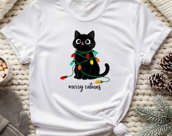Merry Catmas Shirt: Black Cat Christmas T, Gildan Cotton Softstyle Tee, Cat Lover Gift