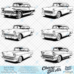 May include: Six black and white illustrations of a classic 1955-1957 Chevy Bel Air. The cars are depicted from various angles, showcasing their iconic design. The image includes text that reads "SVG & PNG Files • Free Commercial Use" and "Chevy Bel Air 1955-1957".