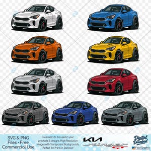 Op de afbeelding: Een verzameling gestileerde illustraties van Kia Stinger GT-auto's in verschillende kleuren, waaronder wit, blauw, oranje, geel, rood, grijs en donkergrijs. De afbeelding bevat tekst die SVG- en PNG-bestandsformaten, gratis commercieel gebruik en "Digitale download" aangeeft.