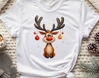 Reindeer Christmas Shirt: Holiday Deer Tee, Gildan Cotton Softstyle, Festive Cartoon Reindeer Gift