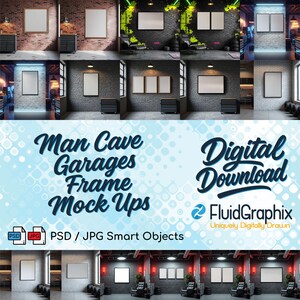 May include: A digital download graphic featuring multiple mockups of framed art in a man cave or garage setting. The image includes various scenes with blank frames, brick walls, and industrial elements. Text includes "Man Cave Garages Frame Mock Ups" and "Digital Download".