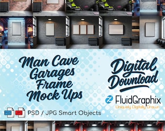 Man Cave Garage Frame Mockup Bundle: PSD Smart Objects + JPG – Industrial Wall & Workbench Scenes