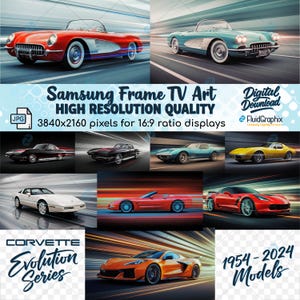 May include: A digital art collage showcasing various Corvette models from 1954 to 2024. The image includes classic red and teal Corvettes, along with modern sports cars. Text includes "Samsung Frame TV Art" and "High Resolution Quality".