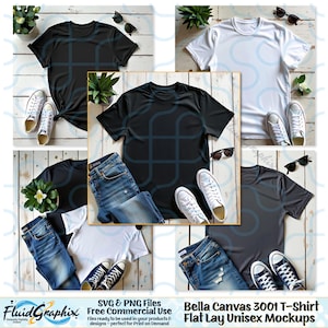 May include: A flat lay mockup featuring Bella Canvas 3001 T-shirts in black, white, and grey, paired with blue jeans and trainers. Sunglasses and small plants are arranged around the shirts. The image includes text that reads "SVG & PNG Files Free Commercial Use" and "Bella Canvas 3001 T-Shirt Flat Lay Unisex Mockups."