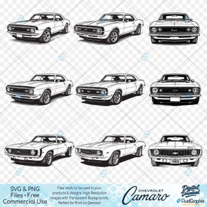 May include: Black and white illustrations of a Chevrolet Camaro from various angles. The images include side, front, and three-quarter views of the classic car. The text "Chevrolet Camaro" is present, along with "1969".