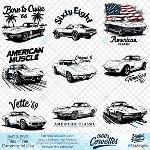 May include: Collection of black and white illustrations of classic 1960s Corvettes. Each design features a different car model with text such as "Born to Cruise," "American Muscle," and "American Classic." The designs are suitable for print-on-demand products.