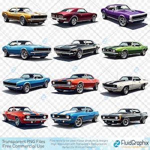 May include: A selection of classic muscle cars in a range of colours, including gold, red, purple, blue, black, green, orange, and white. Each car is a coupe with a sleek design, showcasing iconic automotive styling. The image is a transparent PNG file.