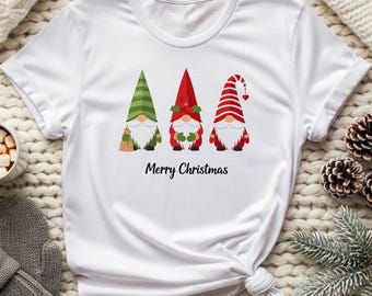 Merry Christmas Gnome Shirt: Holiday Gnome Trio T-Shirt, Gildan Cotton Softstyle Tee